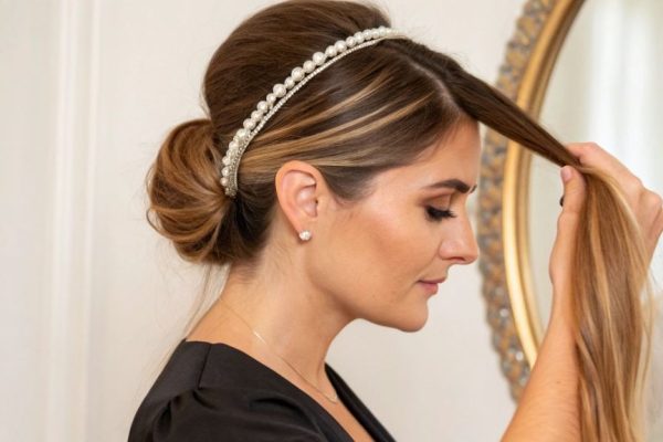 Woman styling a chignon using a halo hair accessory to add volume, demonstrating simple tricks for a fuller hairstyle.