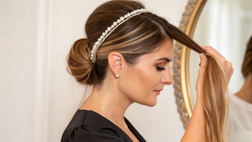 Woman styling a chignon using a halo hair accessory to add volume, demonstrating simple tricks for a fuller hairstyle.
