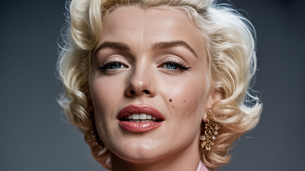 Close-up portrait of Marilyn Monroe highlighting her iconic beauty mark above her lip, symbolizing her timeless glamour and classic Hollywood style.