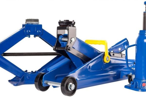 Different types of car jacks and jack stands displayed for safe vehicle lifting