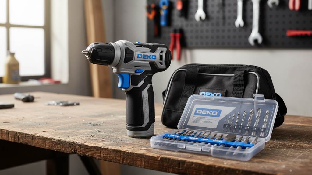 Compact power tools collection for homeowners including drill, bits, and storage case on workbench