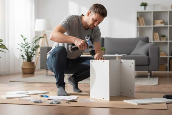 Homeowner using DEKOPRO 8V cordless drill to assemble furniture in a bright living room