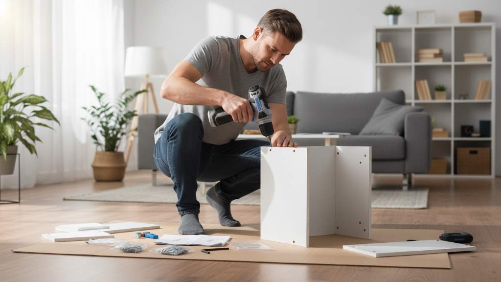 Homeowner using DEKOPRO 8V cordless drill to assemble furniture in a bright living room