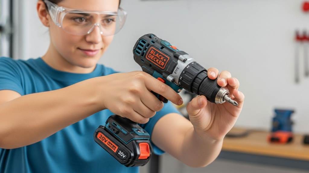 Beginner safely holding BLACK+DECKER 20V MAX cordless drill with safety glasses