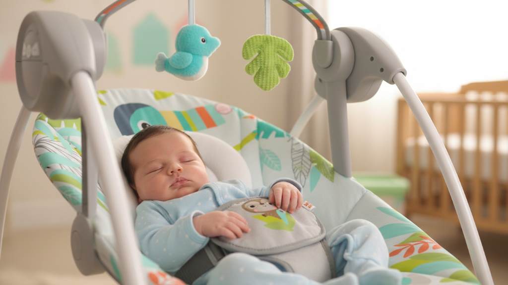 Cozy newborn relaxing in Bright Starts 6-Speed Portable Baby Swing with plush toys attached