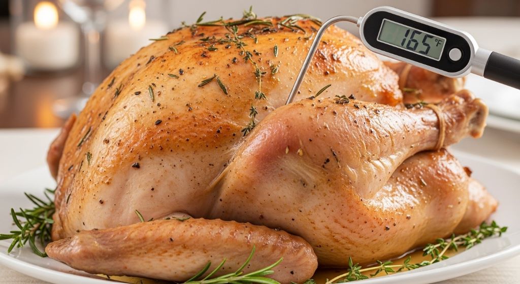 Meat thermometer inserted into roasted bone-in turkey breast showing proper temperature reading for doneness