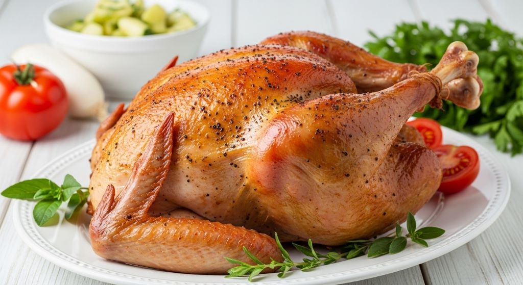 Golden brown bone-in turkey breast resting on white platter with fresh herbs and vegetables