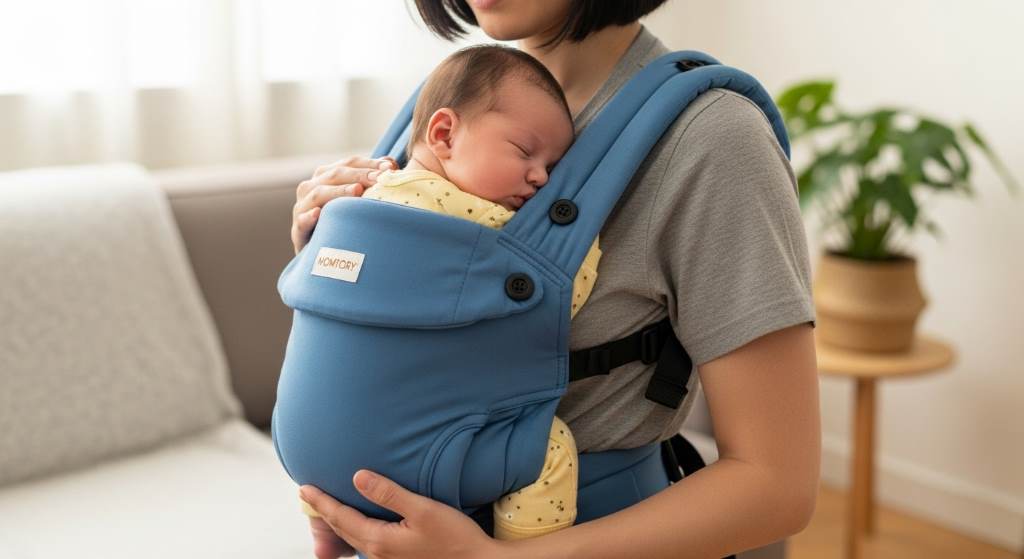 Parent carrying newborn in front-facing inward position using MOMTORY baby carrier for secure bonding