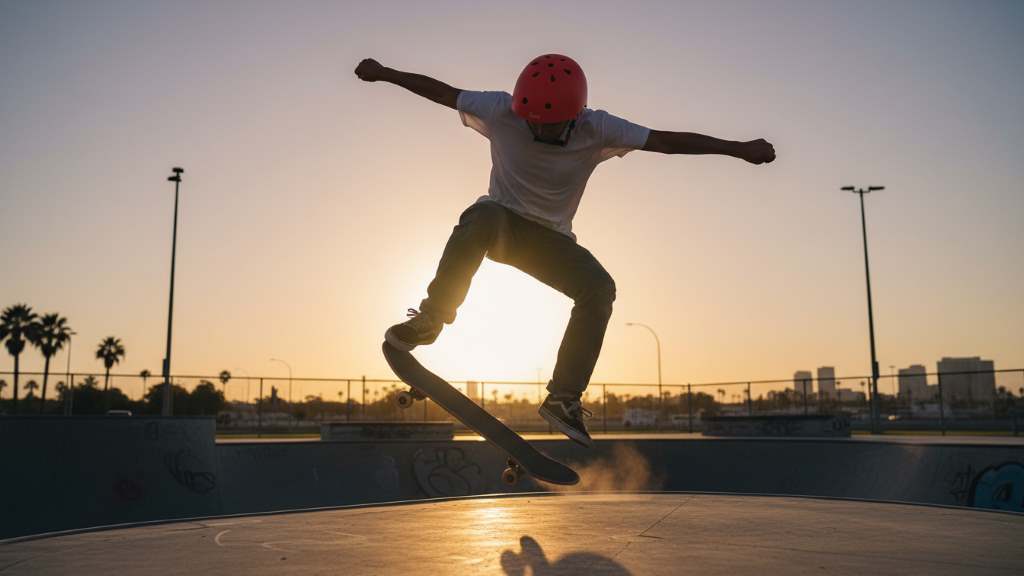 Skater performing a trick while wearing a protective multi-sport helmet
