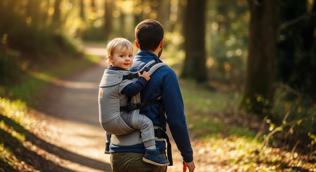 Toddler on parent's back in ergonomic MOMTORY carrier during outdoor adventure, showing adaptability