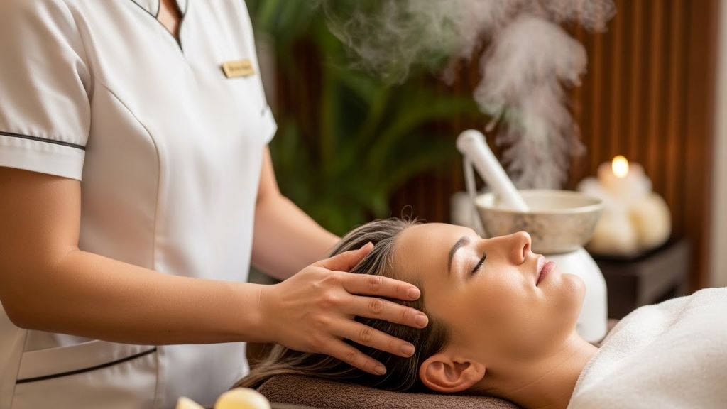 Professional therapist performing therapeutic head spa massage for tension headache relief