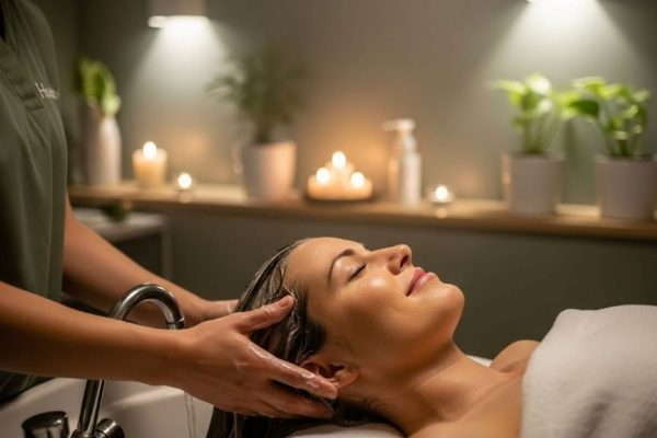 Woman receiving relaxing head spa scalp massage treatment in tranquil spa setting