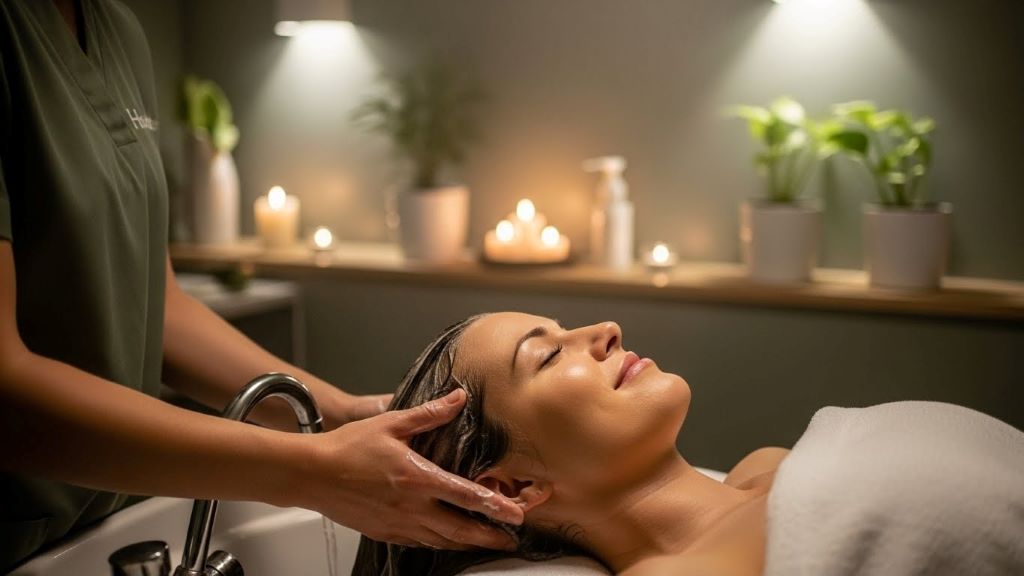 Woman receiving relaxing head spa scalp massage treatment in tranquil spa setting