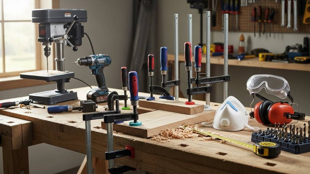 Workspace setup with clamps and safety gear for drilling projects