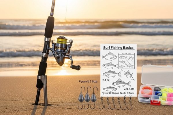 Beginner using a surf fishing rod on sandy beach