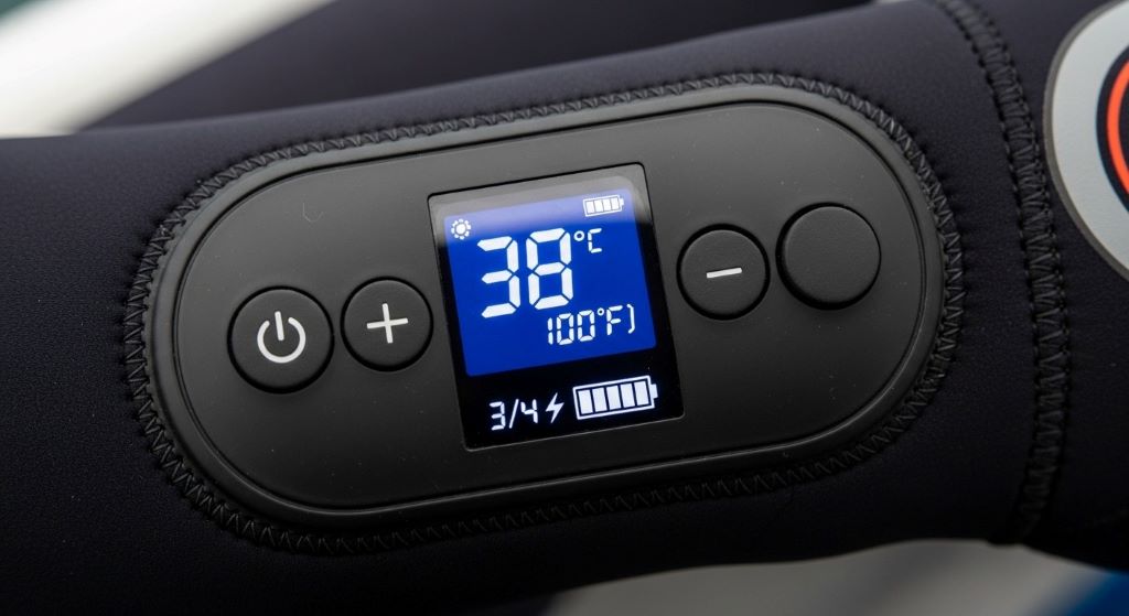Close-up of heated wetsuit control panel showing temperature settings and battery indicator for easy operation