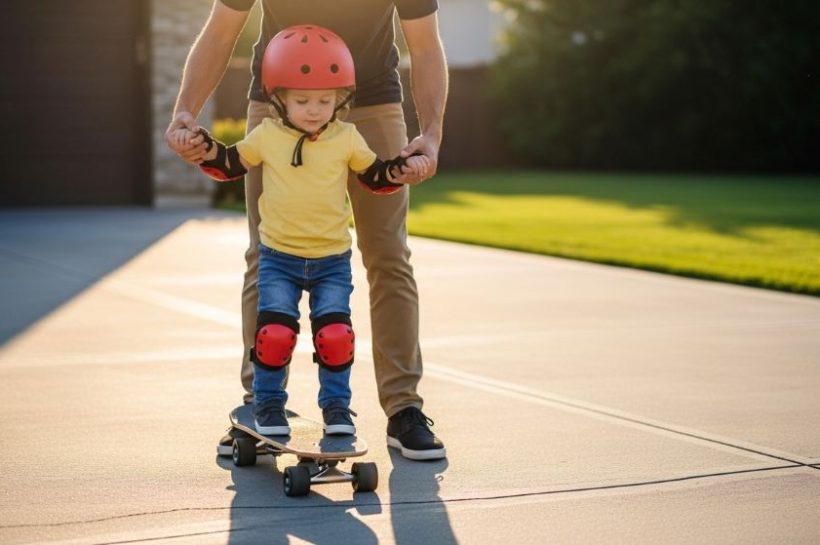 Young child wearing helmet and pads standing on skateboard while parent holds their hands for support on smooth driveway