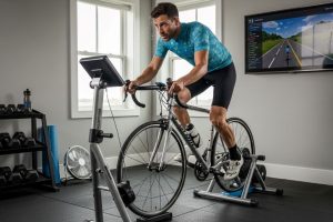 Cyclist using magnetic bike trainer stand in home gym with adjustable resistance lever visible on frame
