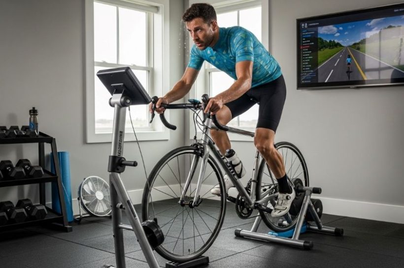 Cyclist using magnetic bike trainer stand in home gym with adjustable resistance lever visible on frame