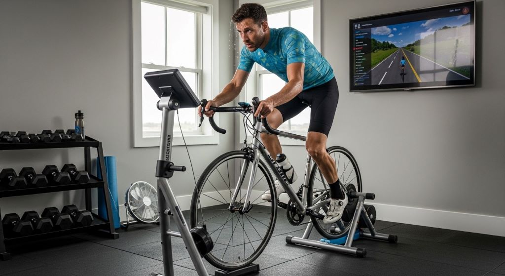 Cyclist using magnetic bike trainer stand in home gym with adjustable resistance lever visible on frame