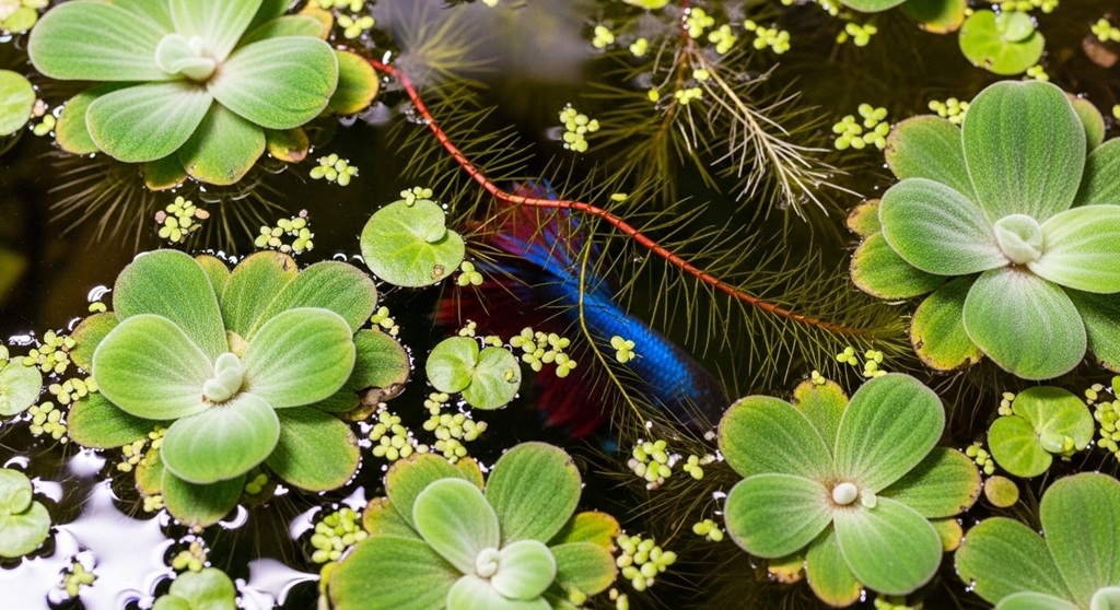 Amazon Frogbit roots hanging in betta tank