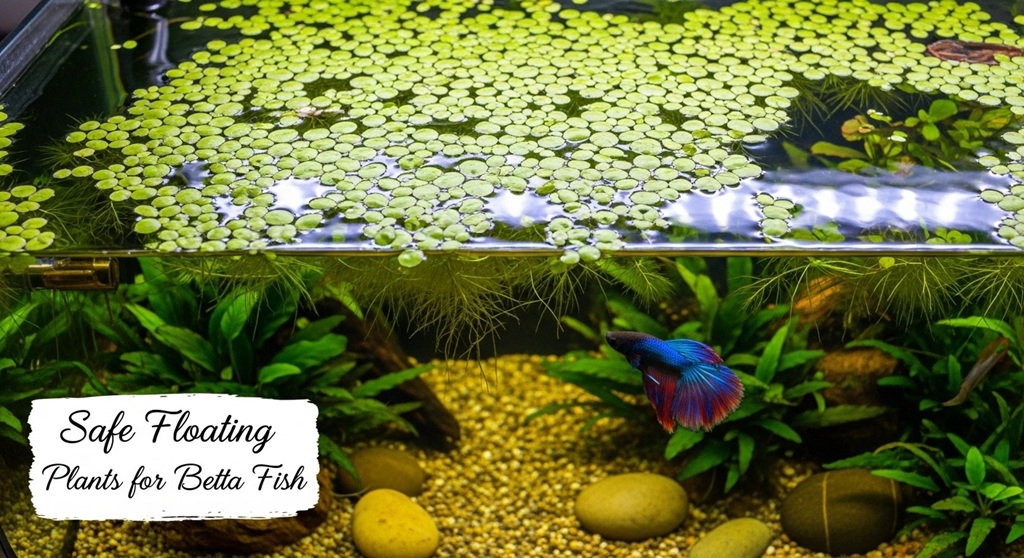 Betta fish swimming under floating aquarium plants