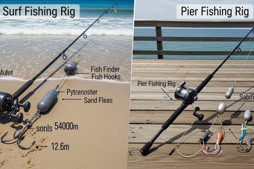 What is the main difference between surf fishing rigs and pier fishing rigs
