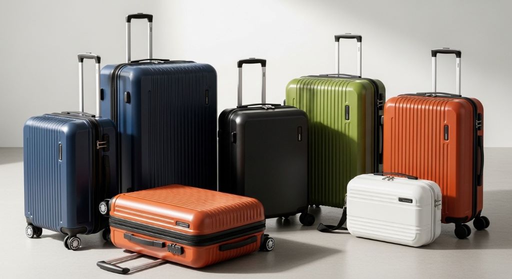 Modern polycarbonate luggage collection showing various sizes and colors