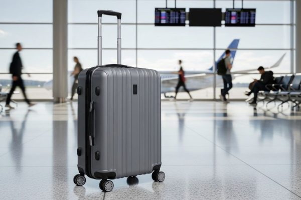 Lightweight travel suitcase with spinner wheels standing upright in airport terminal