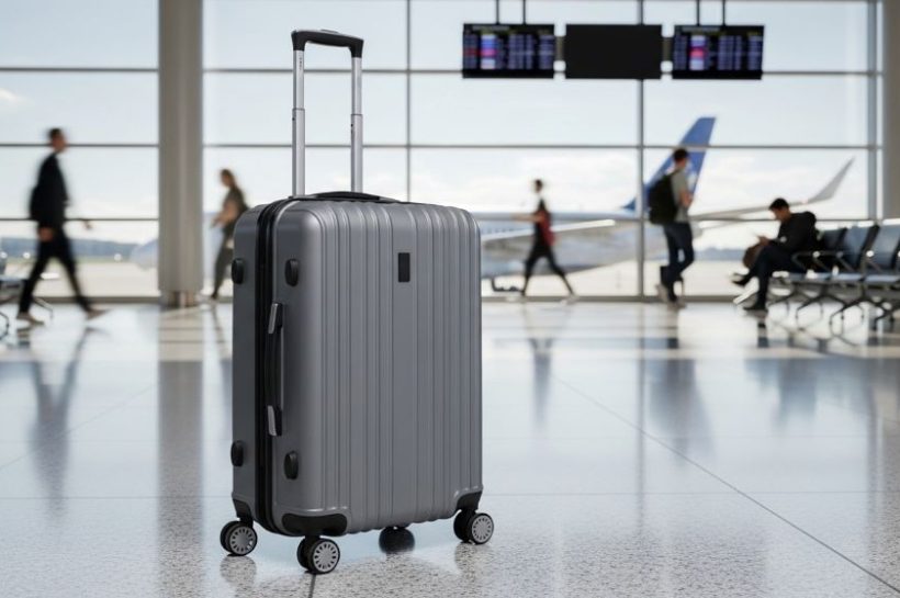 Lightweight travel suitcase with spinner wheels standing upright in airport terminal