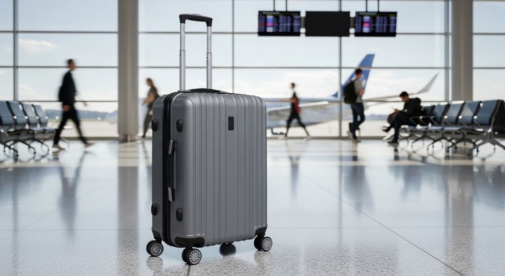 Lightweight travel suitcase with spinner wheels standing upright in airport terminal