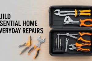 Essential home toolkit tools arranged inside storage box