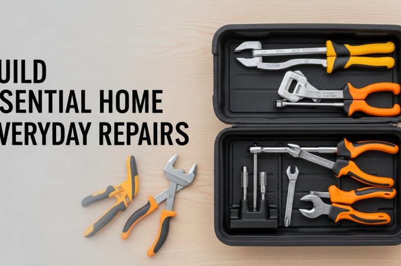 Essential home toolkit tools arranged inside storage box