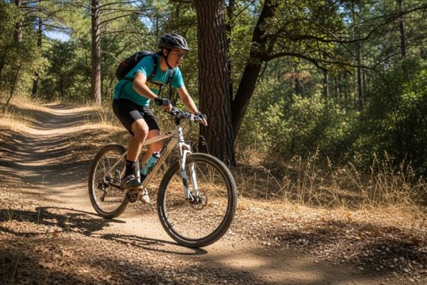 Beginner riding budget mountain bike on trail