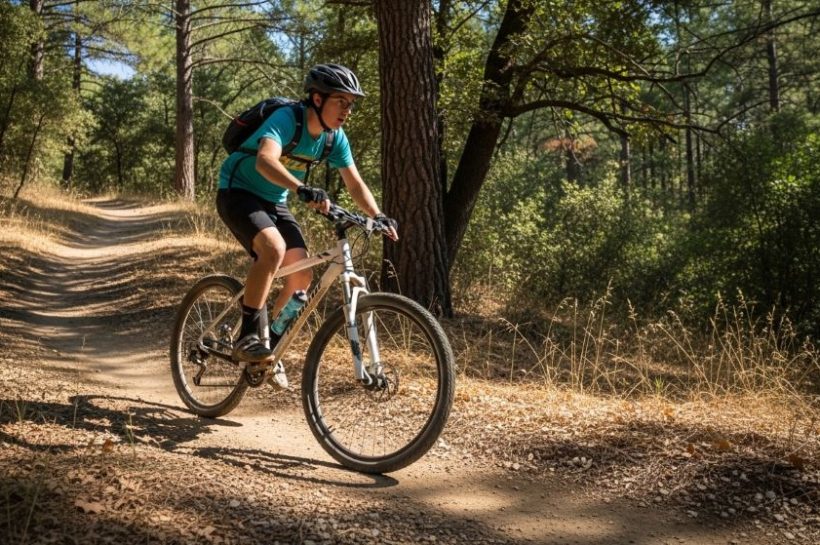 Beginner riding budget mountain bike on trail