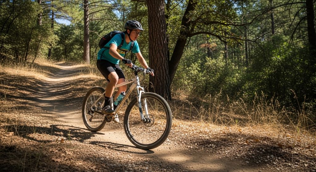 Beginner riding budget mountain bike on trail