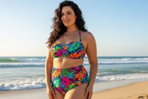 Plus size woman wearing a bold print swimwear bikini set with a high-waisted tummy control bottom on the beach