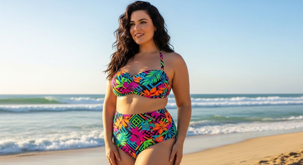 Plus size woman wearing a bold print swimwear bikini set with a high-waisted tummy control bottom on the beach
