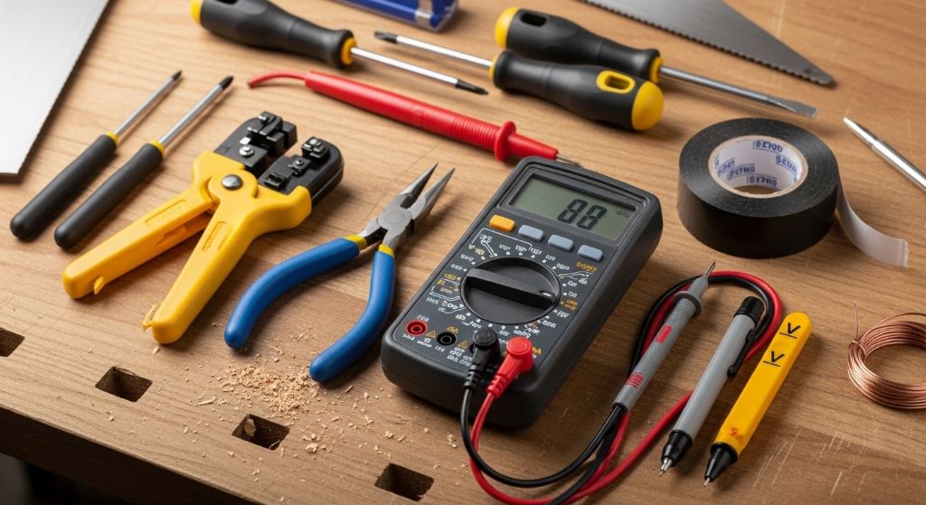 Organized set of home repair tools for electrical work including a multimeter, wire strippers, needle-nose pliers, and electrical tape on a workbench
