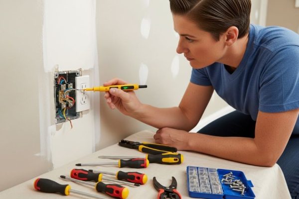 A homeowner using basic electrical tools including a voltage tester and insulated screwdrivers to repair a wall outlet