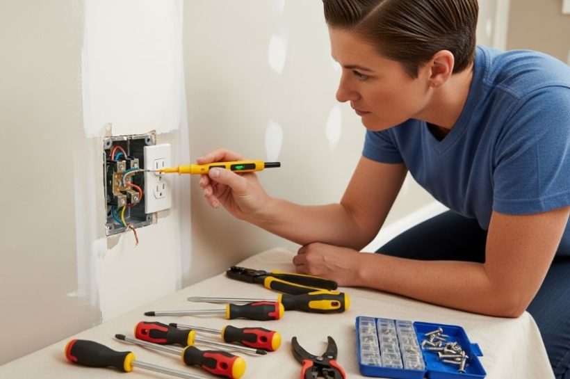 A homeowner using basic electrical tools including a voltage tester and insulated screwdrivers to repair a wall outlet