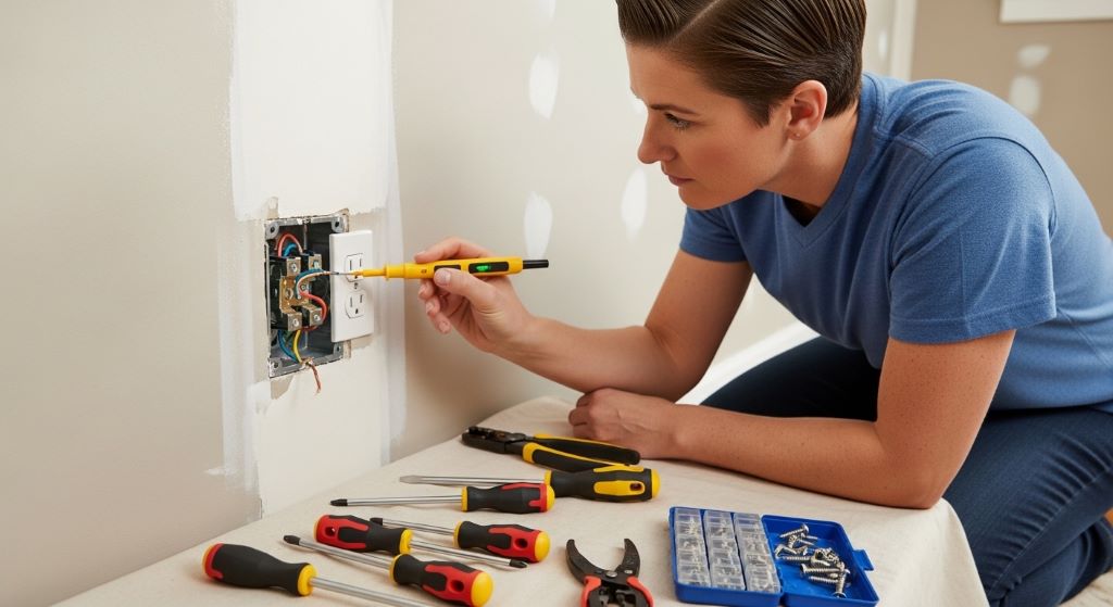 A homeowner using basic electrical tools including a voltage tester and insulated screwdrivers to repair a wall outlet