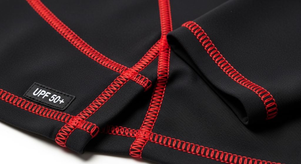 Close-up of a surfing rash guard showing flatlock stitching and UV protection fabric detail