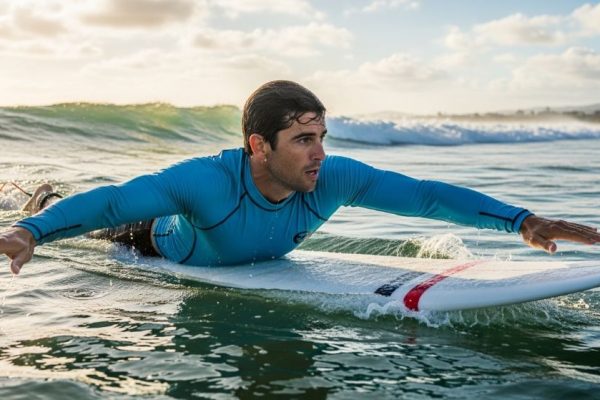 Surfer wearing a long sleeve UPF 50 rash guard paddling out through ocean waves