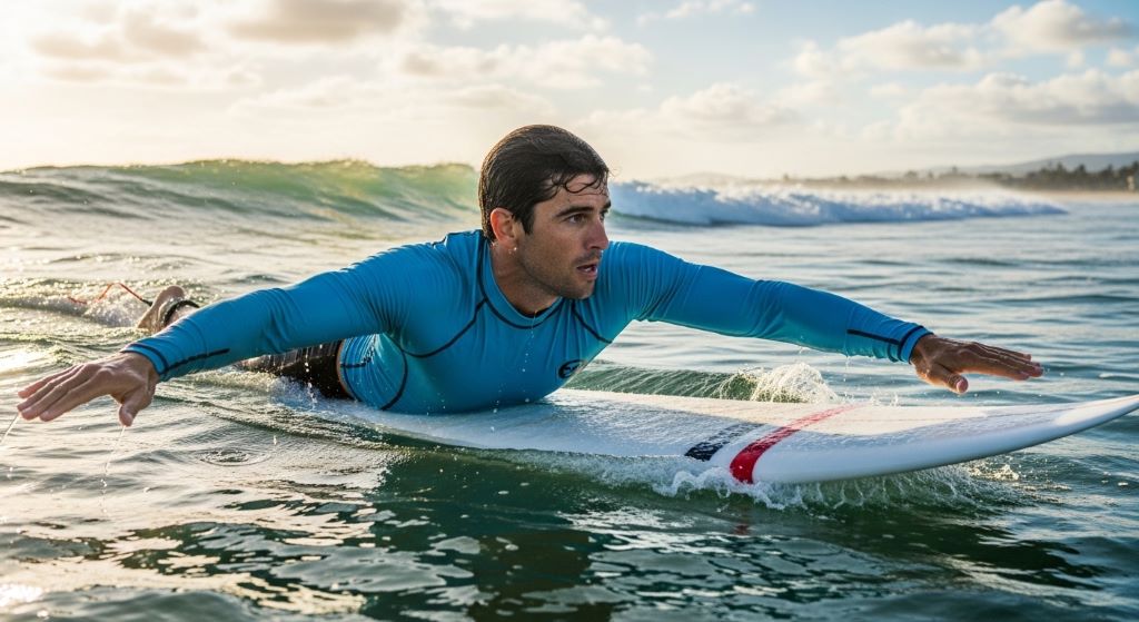 Surfer wearing a long sleeve UPF 50 rash guard paddling out through ocean waves