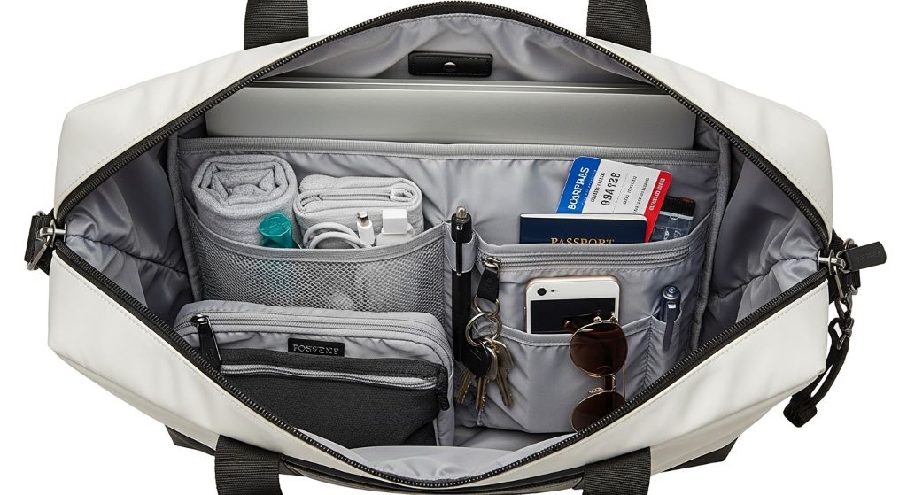 Organized interior of a zip-top travel tote showing pockets and compartments