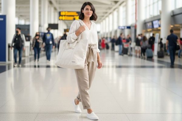 Woman carrying a lightweight travel tote bag through a busy airport terminal