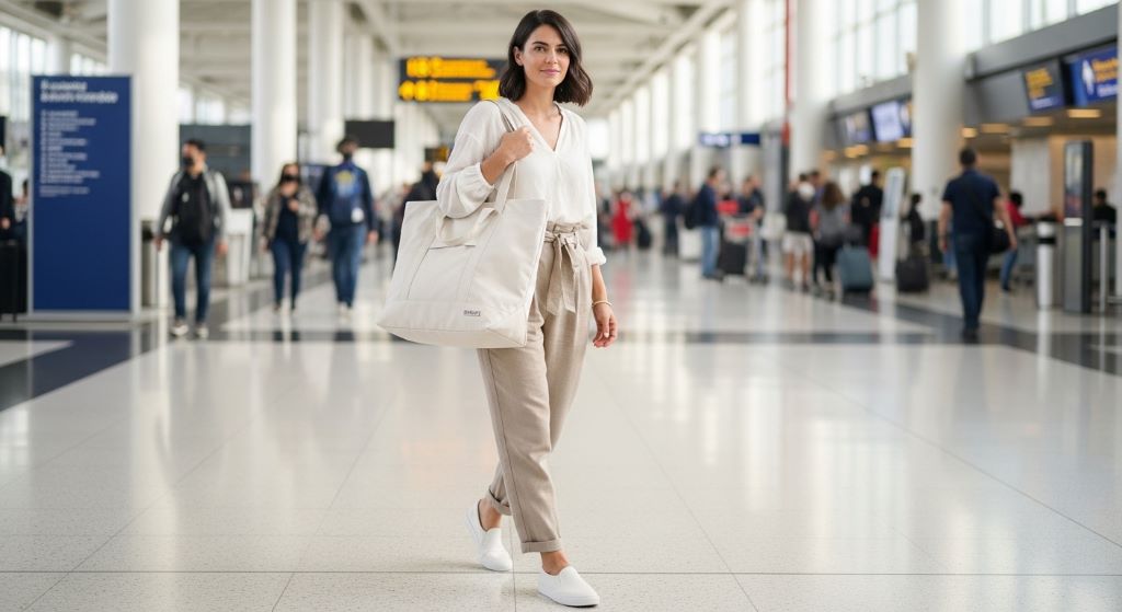 Woman carrying a lightweight travel tote bag through a busy airport terminal