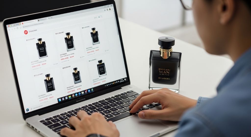 Person comparing Bvlgari fragrance prices on a laptop next to a perfume bottle on a white desk