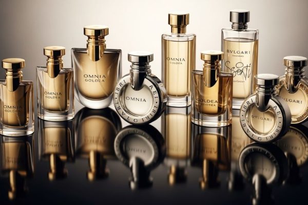 A collection of Bvlgari perfume bottles arranged on a reflective surface with soft lighting